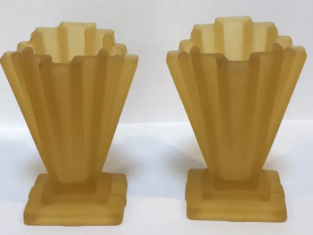Pair of Antique BAGLEY Glass 'Grantham' Vases #334 Frosted Amber. Art Deco.