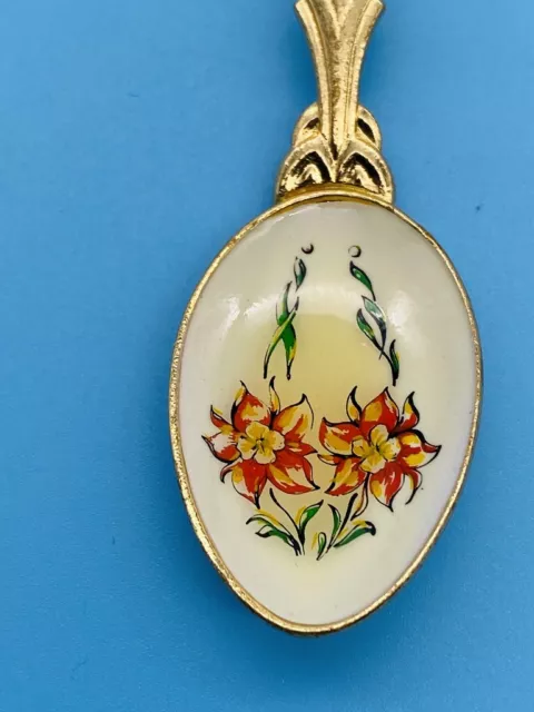 Vintage 4.5" Gold Plated Souvenir Spoon Enamel Bowl Red Yellow Orange Flowers