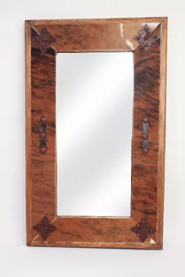 Cowhide Medallion Mirror-Wood-Handmade-Rustic-Western-Accent Mirror-Wall-Clavos