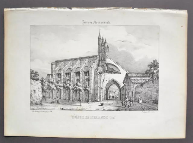 Lithographie Originale XIXème - Église de Mirande - Gers - J. Philippe