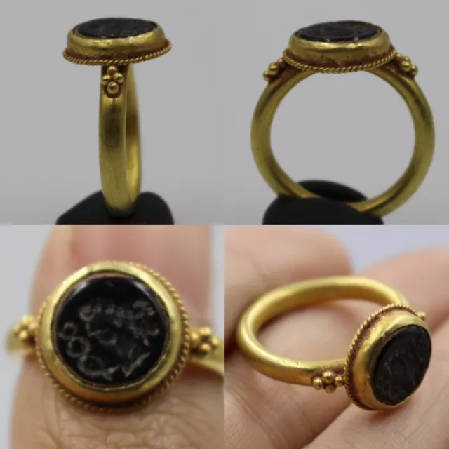 Ancient Roman 20K High Carat Gold Ring With Garnet Stone King Portrait Intaglio