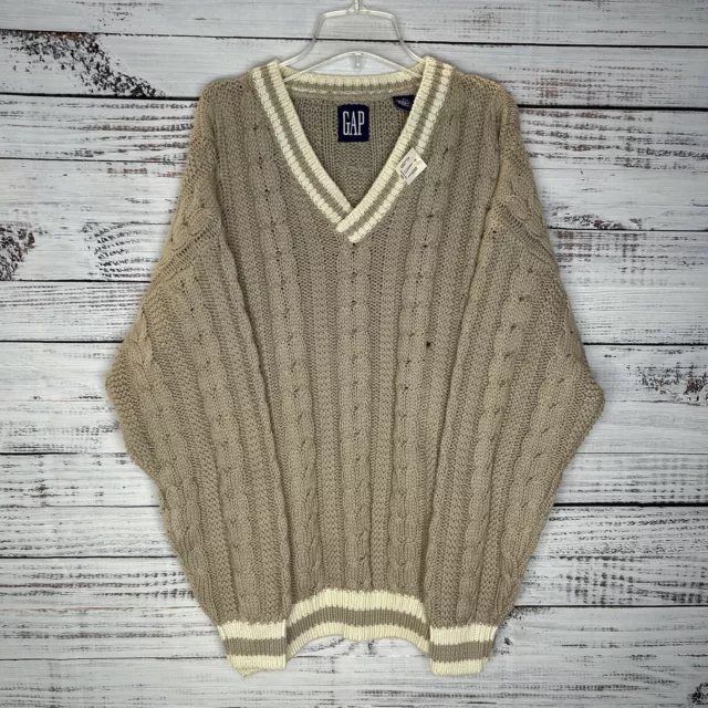 New Vintage 90s GAP Chunky Cable Knit V-Neck Sweater Pullover Cream Men’s Medium