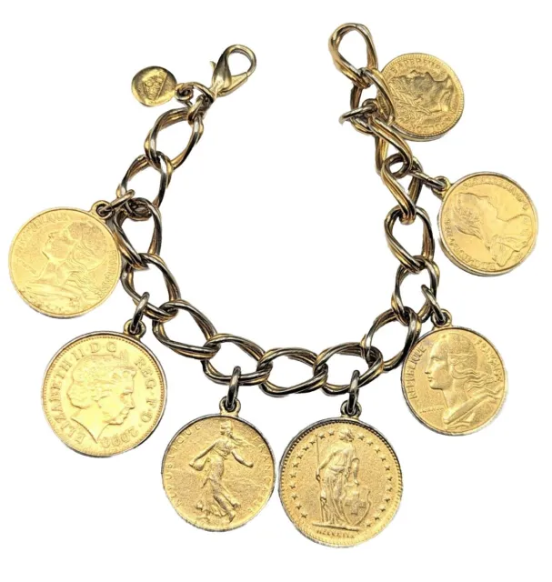 Signed Ben-Amun Gold Tone French Coins Charm Statement Vintage Bracelet