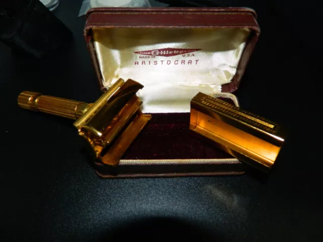 STUNNING! 1940s Gillette Aristocrat Gold Safety Razor Set w/ Case & Blade Case