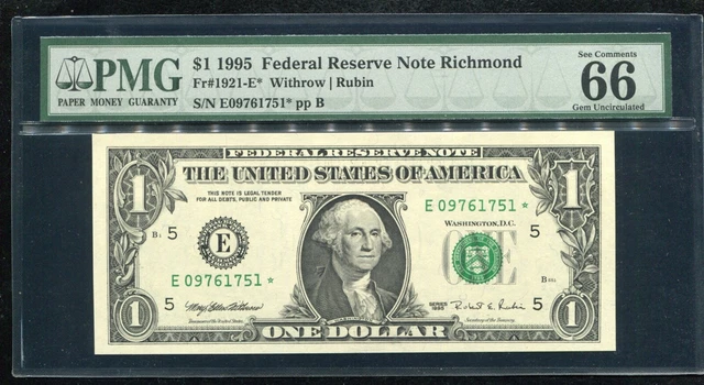 Fr.1921-E* 1995 $1 One Dollar *Star* Frn Richmond, Va Pmg Gem Uncirculated-66Epq
