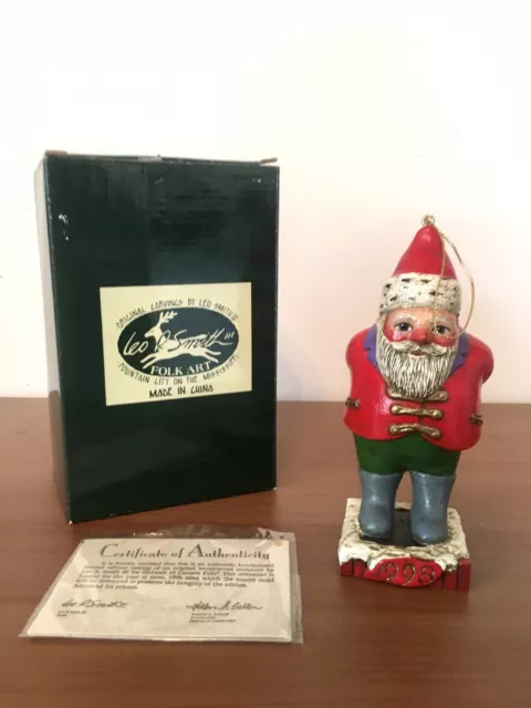 RARE LEO SMITH Folk Art SANTA 1998 Ornament w/COA, BOX MINT! NEW!!!