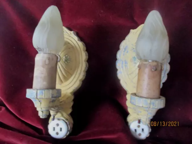 Pair of Vintage Art Deco Nouveau Electric Wall Sconce Light Fixtures w Candle