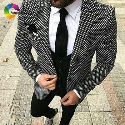 Premium Houndstooth Dogstooth Plaid Slim Fit Tuxedo Prom Wedding Groom Suits 