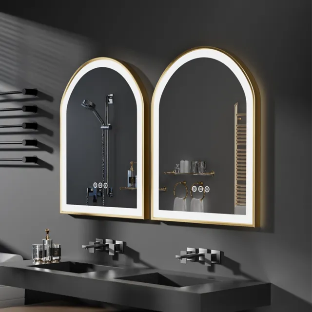 LED Bathroom Mirror with Brushed Gold Frame Arch Dimmable Vanity Mirror Anti-fog