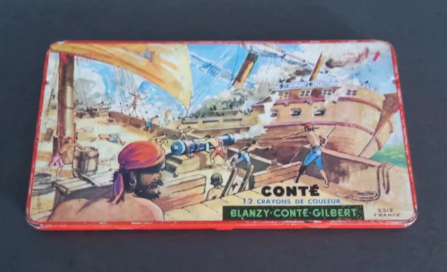 Boite Metal Crayons De Couleur Conté Gilbert Blanzy Pirate Vintage