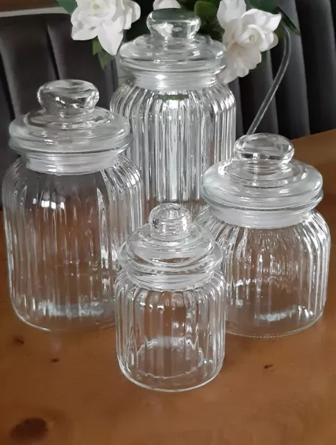 3x Large Ribbed Glass Candy Jars with Lid Sweets Biscuits Dried
