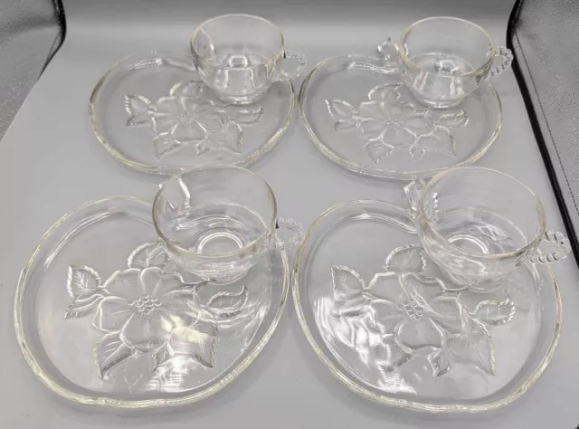 4 Vintage Hazel Atlas Apple Shaped Flower Clear Glass Snack Plates with cups