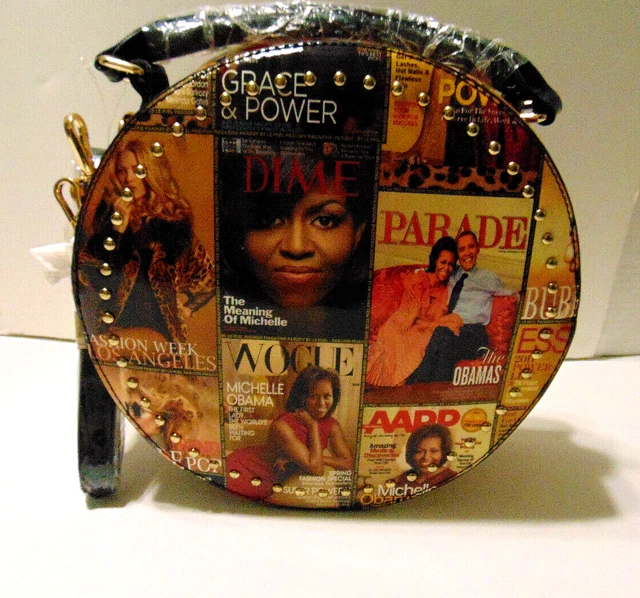 Women's Handbag Purse Michelle Obama Magazine Cover Black Multi Crossbody Round