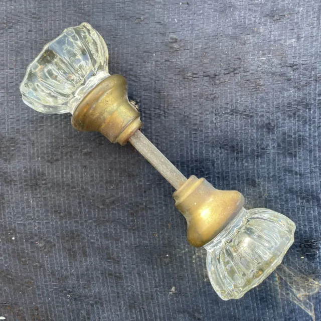 Vintage Antique Crystal 12 Point Door Knob Set Brass Clear Glass