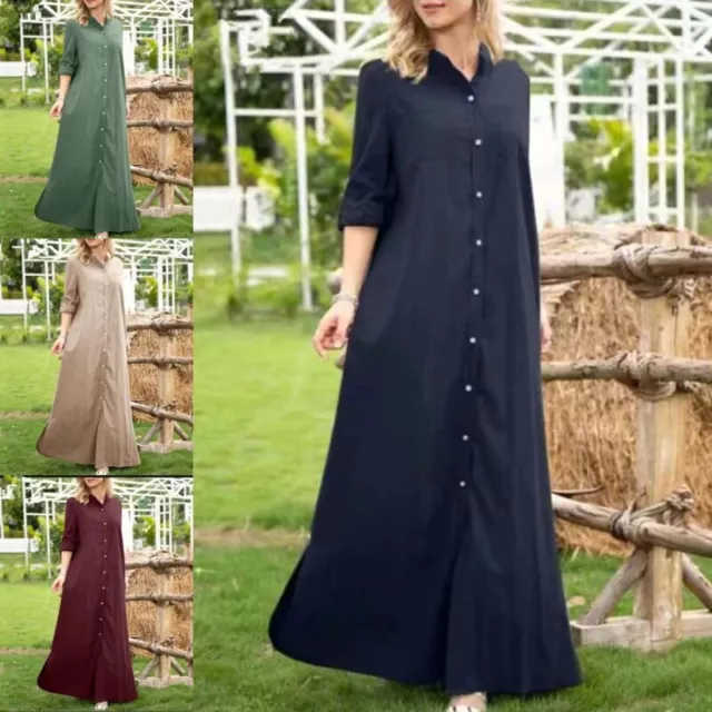 Women Long Dress Kaftan Shirt Dresses Bohemian Sleeve Ladies Maxi Holiday Casual