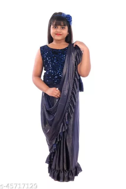 Indian Fancy Stylish Premium Kids Saree Set With Top, Girls Children Cotton - FS