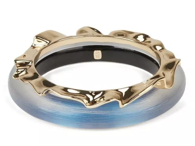 Alexis Bittar Crumpled Metal & Blue Lucite Bangle Bracelet SET of 2, NEW $225