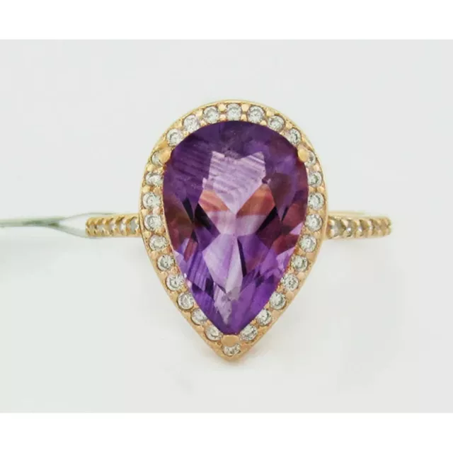 Genuine 2.94 Cts Amethyst & White Sapphire Ring .925 Silver (Yellow Tone)