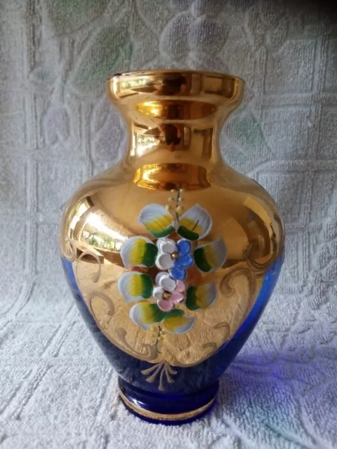 1970s Vintage Czech /Bohemian Vase Gold Gilt& Enameled Bohemian Flowers