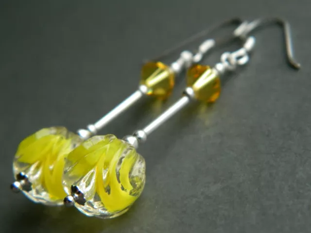 Vintage Textured Yellow Glass Beads, Swarovski Crystal, Sterling Silver Earrings