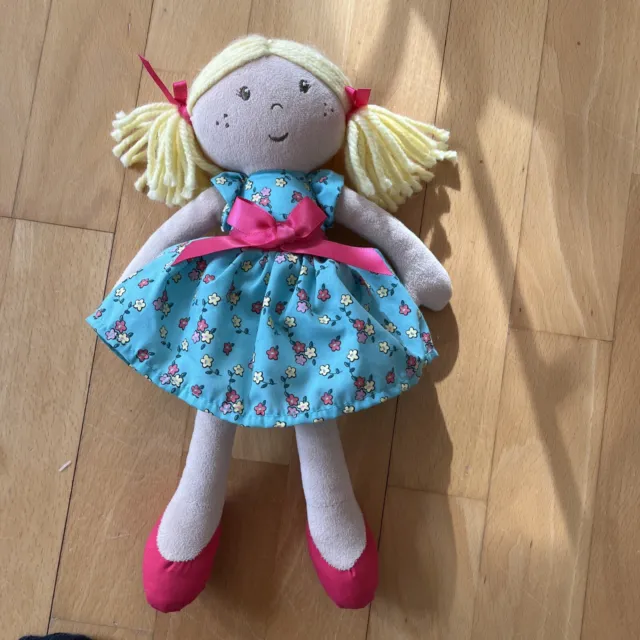 MARKS AND SPENCER M&S RAG DOLL SOFT TOY Floral Blue  DRESS BLONDE HAIR