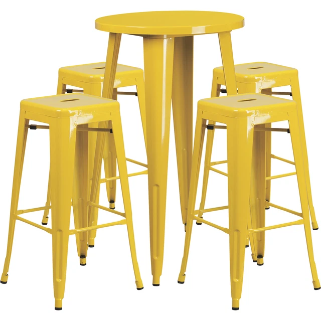5-Pc. Yellow Metal Bar Table Set -24inx41inH Round Table w/4 Backless Barstools