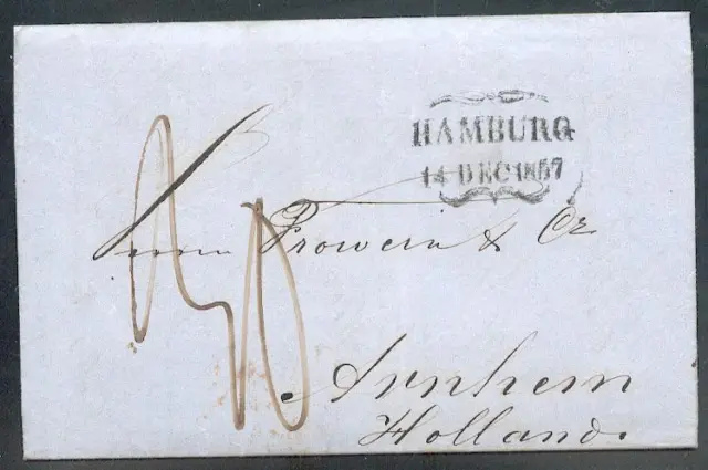 HAMBURG 1857 nach ARNHEIM NIEDERLANDE taxierter AUSLANDSBRIEF(D2988b