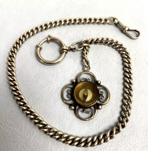 Antique Austrian Solid Silver Pocket Watch Chain w/Filigree Fob Compass Hallmark