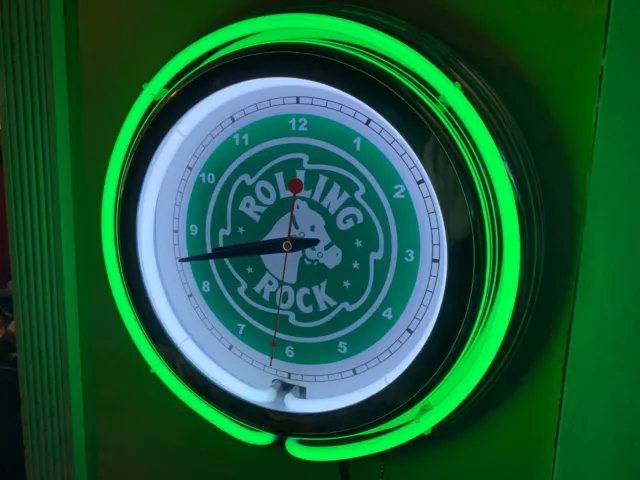 Rolling Rock Beer Bar Man Cave GREEN Neon Advertising Wall Clock Sign