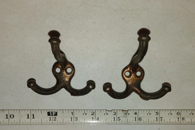 Vintage Brass Metal Triple Wall Mount Hooks Lot of 2