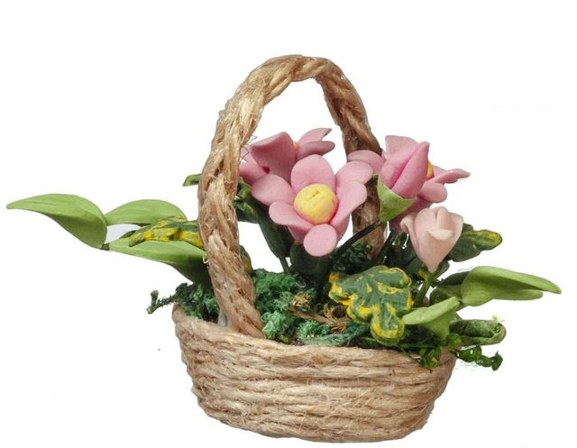 Dolls House Basket of Pink Flowers Floral Display 1:12 Home Garden Accessory