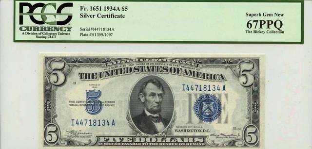 1934A $5 Silver Certificate FR#1651 PCGS Superb Gem 67 PPQ