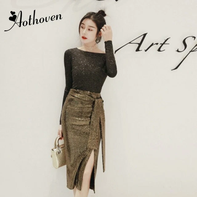 2 Piece Set 2020 Autumn Women Suit Full Sleeve O Neck Knit Shirt Top and Sequin