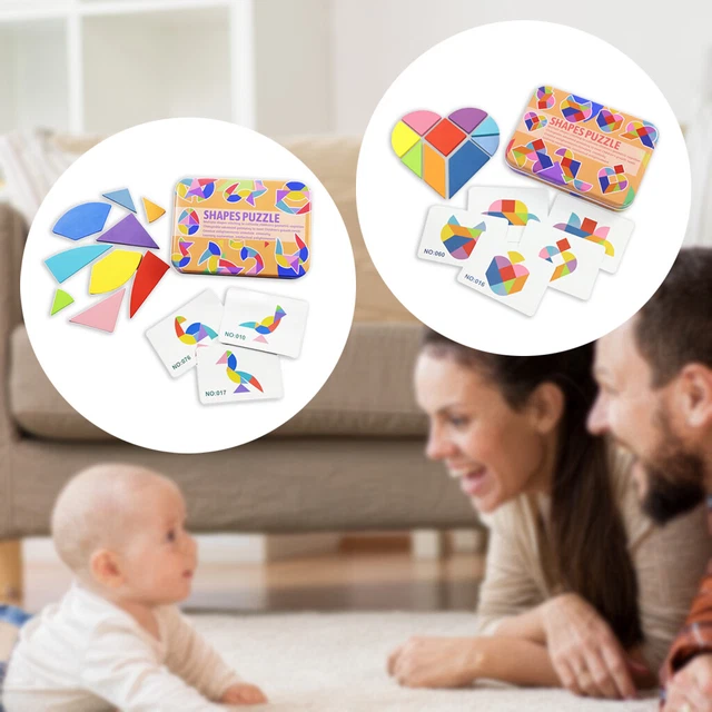 WOODEN GEOMETRIC SHAPES Tangram Puzzle Brain Teaser Sorting Develop Toy ...