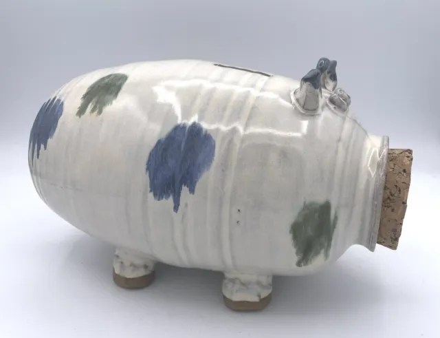 Stoneware Pottery Piggy Bank Glazed Pig With Large Cork Nose Blue Green Cream