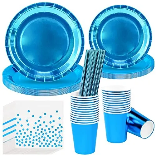 BLLREMIPSUR 99pcs Disposable Tableware Set, Blue Party Dinnerware, Blue