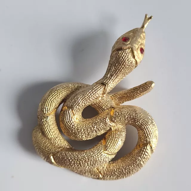 Snake Red Eyes Brooch Pin Brushed Gold Tone  large big huge estate serpent 3D