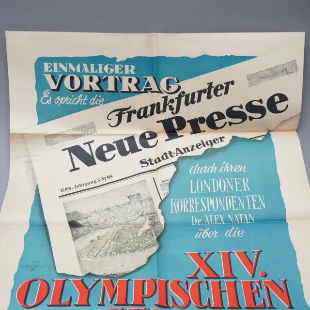 Orig. Poster XIV Olympische Spiele London 1948 Frankfurter Neue Presse Vortrag V 2