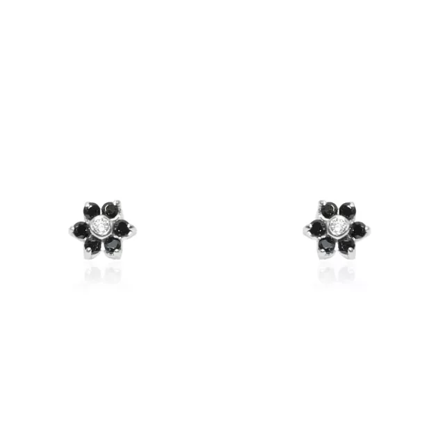 Pendientes Bebe o Niña Oro Blanco Margarita 6 Petalos Circonita Negra (8414P9K-O