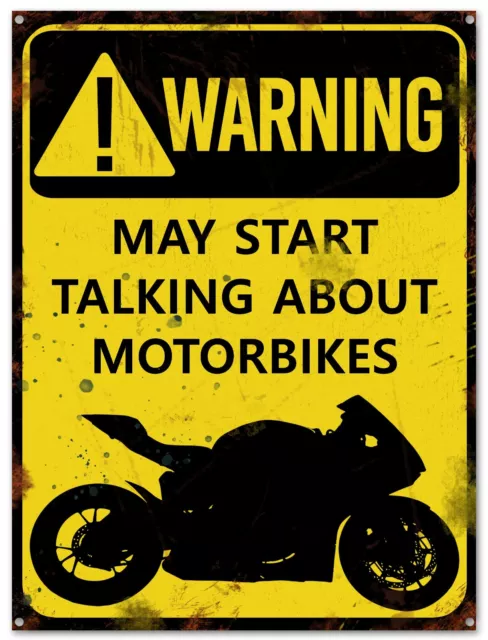 Insegna moto. Avvertenza può iniziare a parlare di moto. Divertente garage biker.
