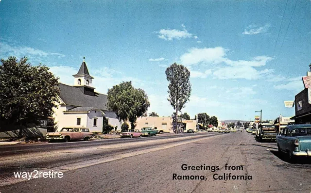 Postcard CA Ramona Main Street and 9th St. San Diego Co California 1960s