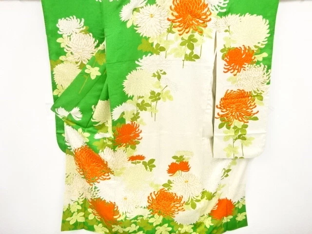 80345# Japanese Kimono / Antique Furisode / Embroidery / Kiku