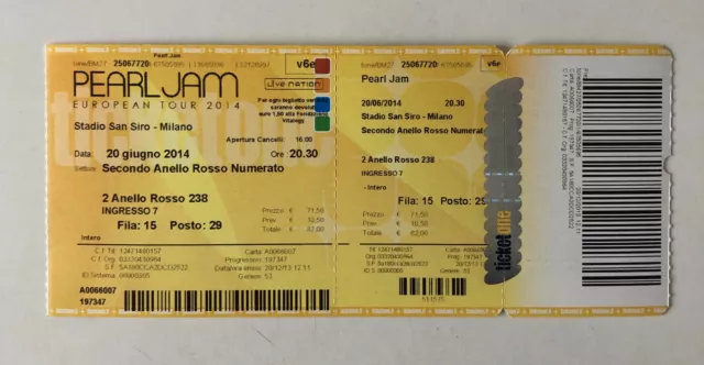 Biglietto / Ticket Vintage Concerto 2014 Pearl Jam European Tour Milano S. Siro
