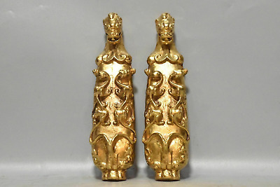 8.1" Chinese Antique Old dynasty bronze 24k gilt A pair Dragon hook Statue