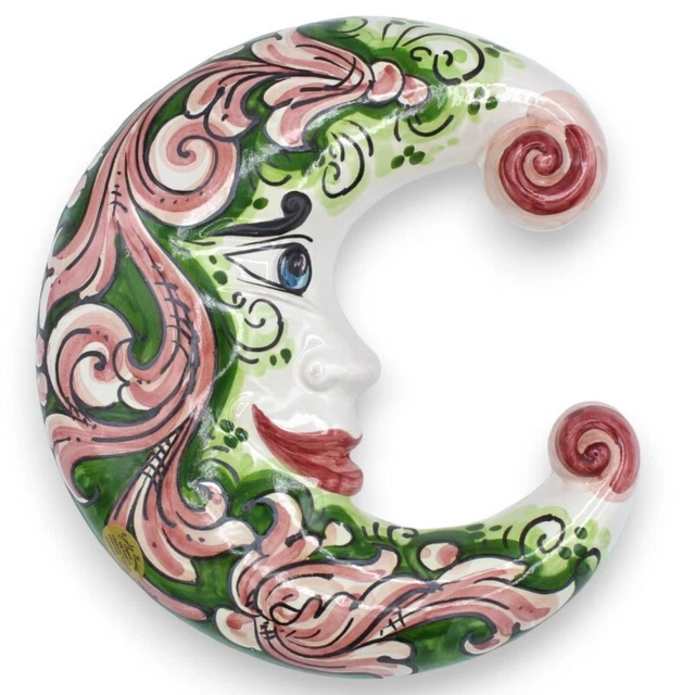 Luna in ceramica Caltagirone - h 25 x 20 cm ca. decoro barocco rosa su fondo ver