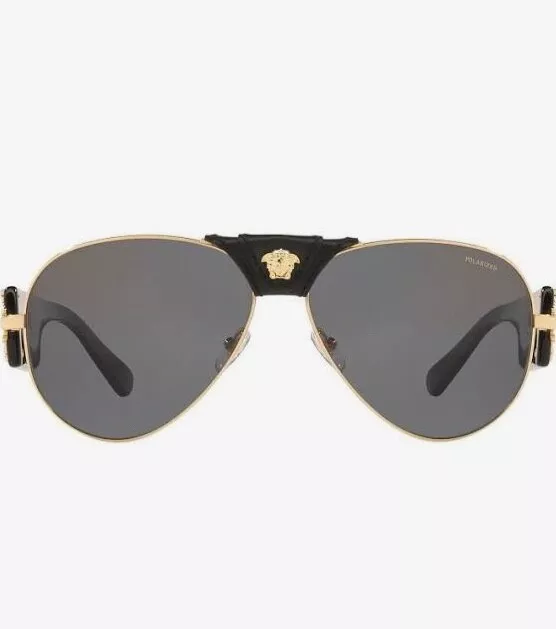 Versace Men’s Leather & Metal Medusa Head Aviator Sunglasses, Black/Gold