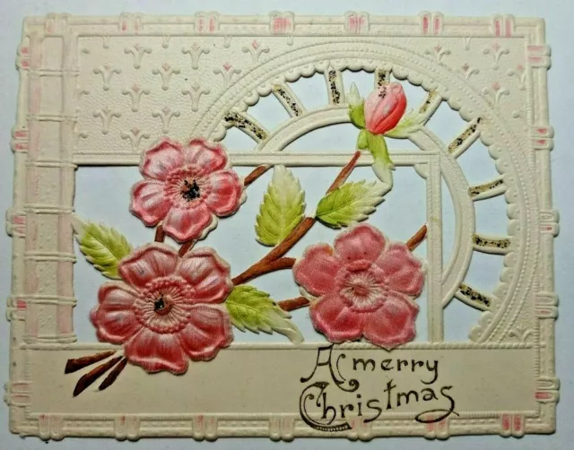 Antique Victorian Christmas Card Layered Embossed Floral Die Cut Glitter