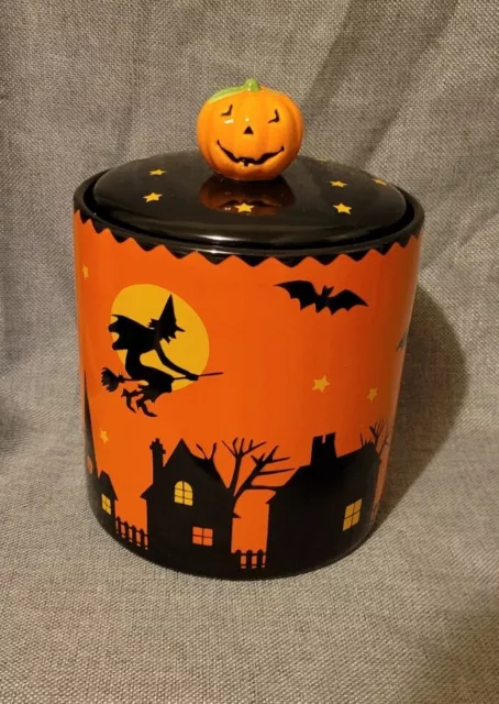 Hallmark Halloween Canister Spooky Town- Witch, Bats, Owl, Black Cat
