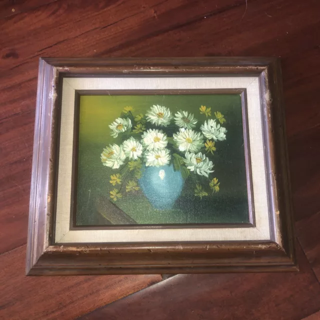 Original Signed Nancy Lee Still Life White Daisy Oil On Canvas, Framed