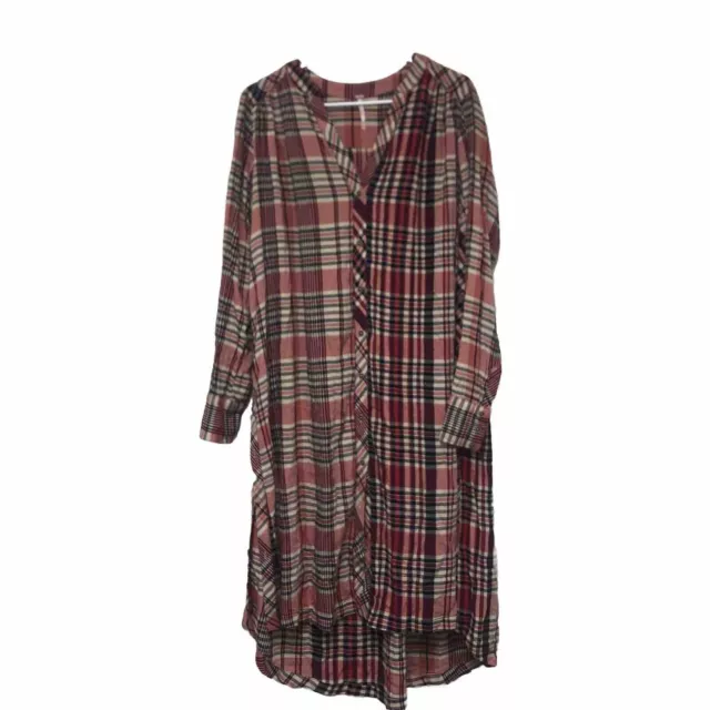 Free People Lorelai Plaid Tunic Maxi Coral Black Gray Wine Side Buttons  S